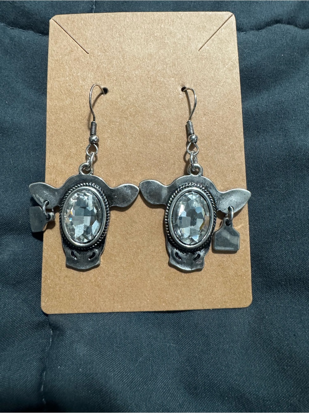 Crystal Accent Cow Head Drop Earrings - Silver Tone